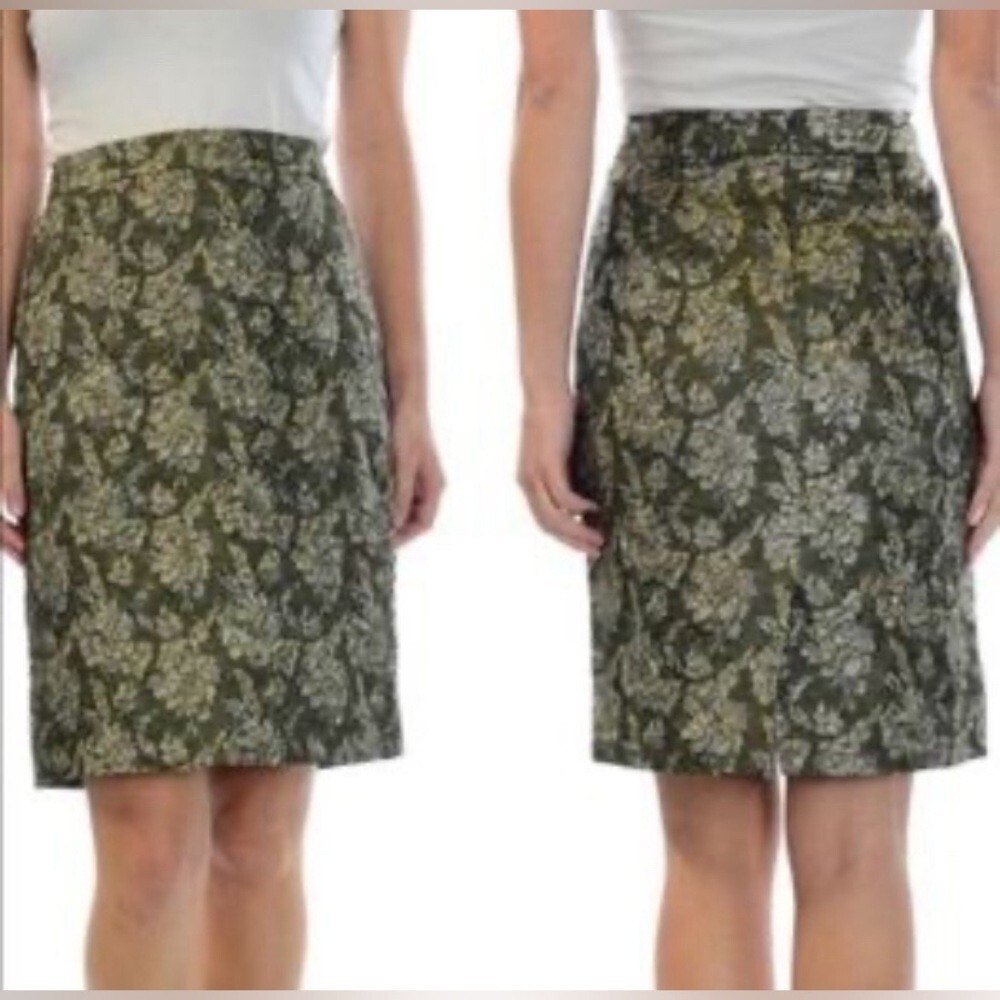J.Crew Collection Metallic Gold Floral Silk Blend‎ Pencil Skirt Sz 2 Olive Green